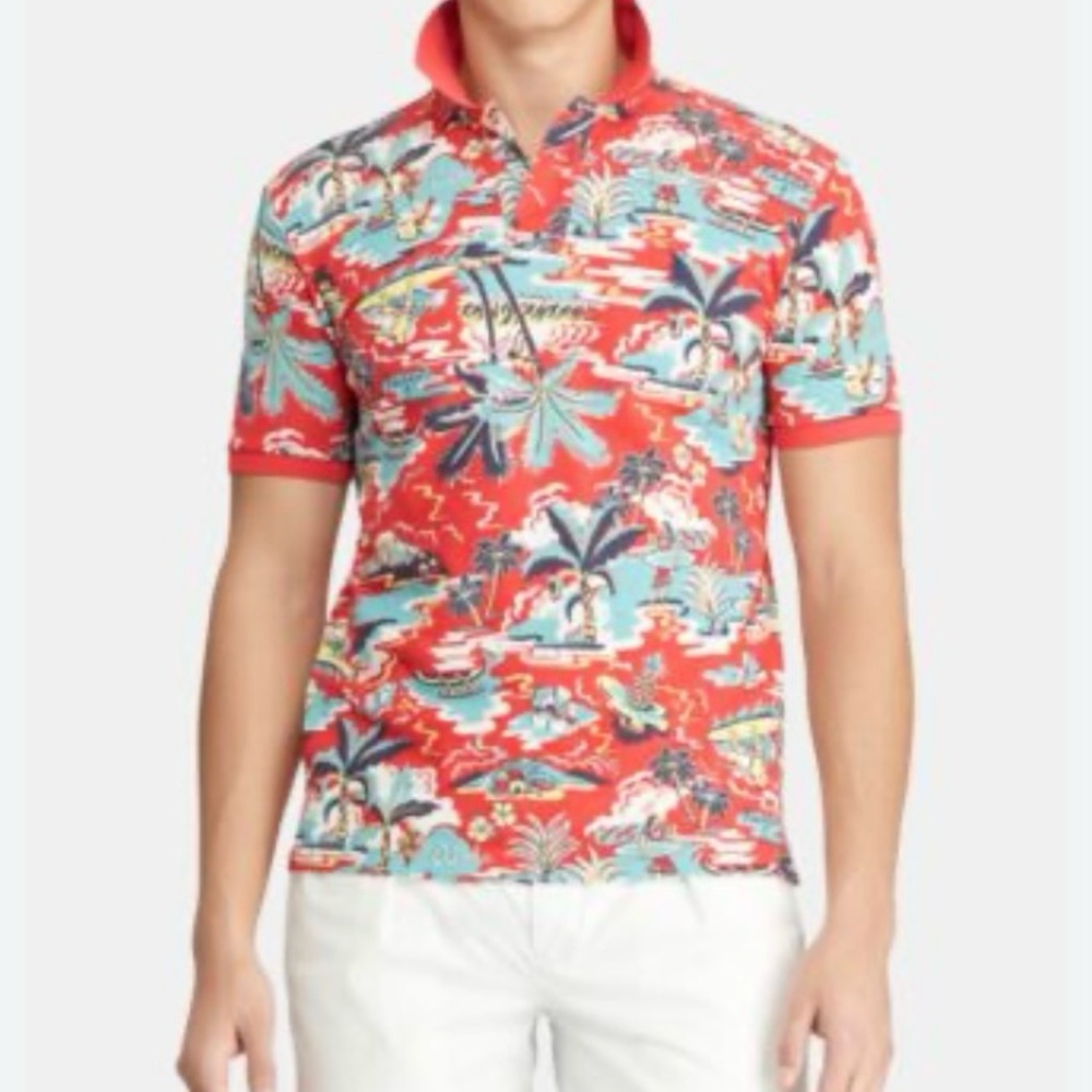 Polo by Ralph Lauren Red and Blue Shirt Tropical Design Mens Large